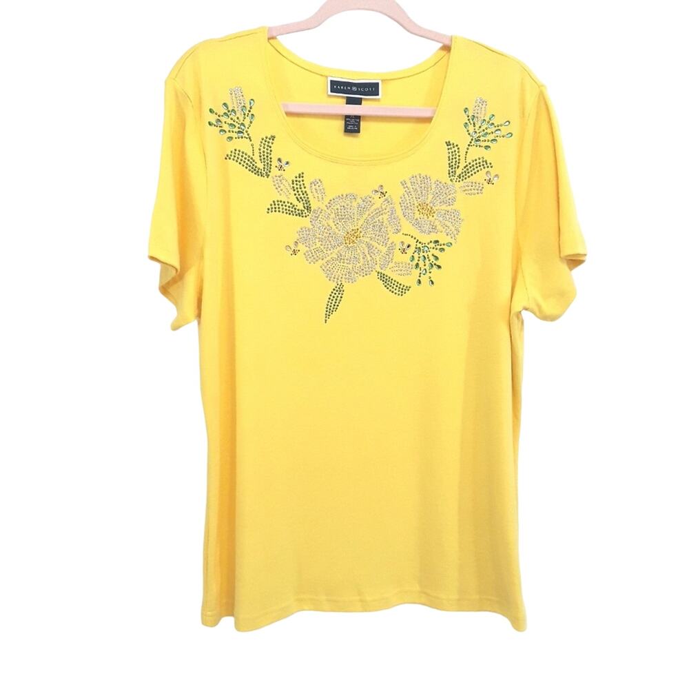 Karen Scott Embellished T-Shirt Size XL Yellow NWT